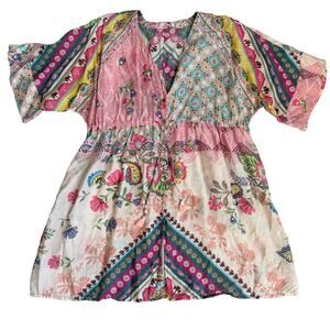 Johnny Was Lakshmi Ollie Mixed-Print Tunic Dress Boho Silk Relaxed Fit- S